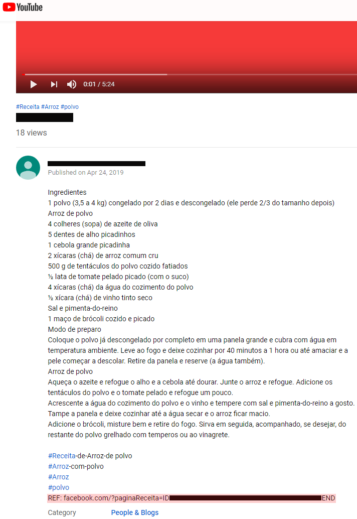 Casbaneiro: Popisek jednoho ze škodlivých videí, v červeně zvýrazněné části je zašifrovaná doména C&C serveru