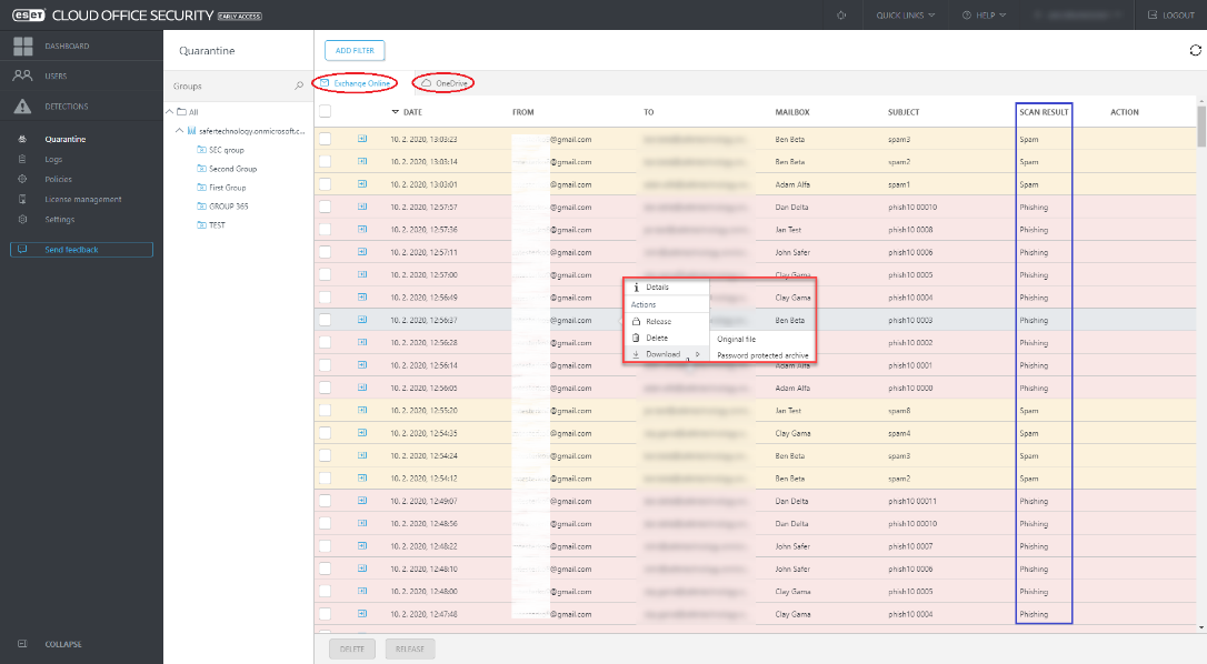 Karanténa v službě ESET Cloud Office Security