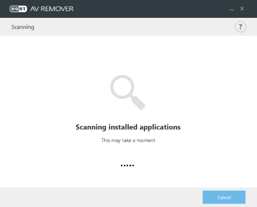 Képernyőmentés az ESET AVremover antivírus eltávolító szoftveréről, amin a program éppen antivírus programot keres
