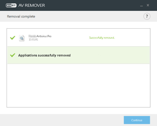 Képernyőmentés az ESET AVremover antivírus eltávolító szoftveréről, amin a sikeres eltávolítás látható