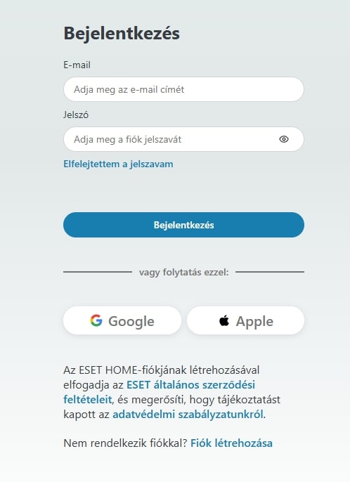 Abban az esetben, ha nincs még ESET HOME fiókja, végezze el a regisztrációt az oldalon a lentebb található "Fiók létrehozása" feliratra kattintva. Regisztrációhoz használhatja meglévő Google vagy Apple fiókját is.