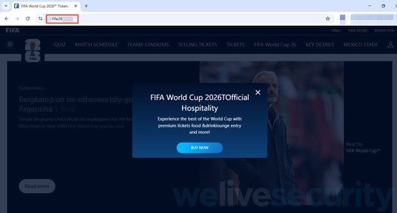 צילום מסך של אתר FIFA מזויף למונדיאל 2026 שמתחזה לאתר הרשמי ומנסה למשוך אוהדים לרכישת כרטיסים.