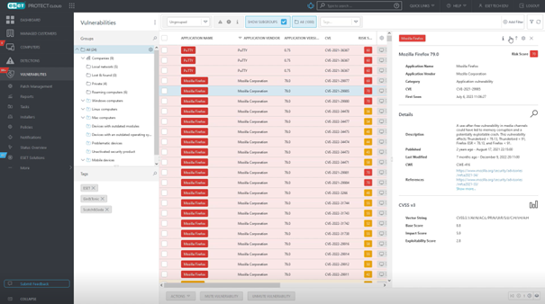 Soluciones como ESET Vulnerability and Patch Management ofrecen una visión general de las vulnerabilidades más problemáticas en función de las aplicaciones que se utilizan, con acceso a parches inmediatos. Soluciones como ESET Vulnerability and Patch Management ofrecen una visión general de las vulnerabilidades más problemáticas en función de las aplicaciones que se utilizan, con acceso a parches inmediatos.