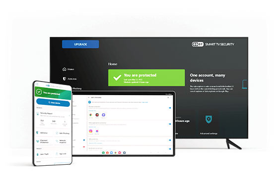 Smart TV, tablet, and mobile device with Premium subscription of ESET Mobile Security on screens. Smart TV, tablet, and mobile device with Premium subscription of ESET Mobile Security on screens.