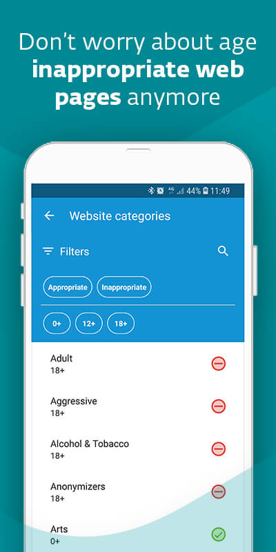 Mobile phone with a website category function in the parental control app. Don't worry about age-inappropriate web pages anymore.