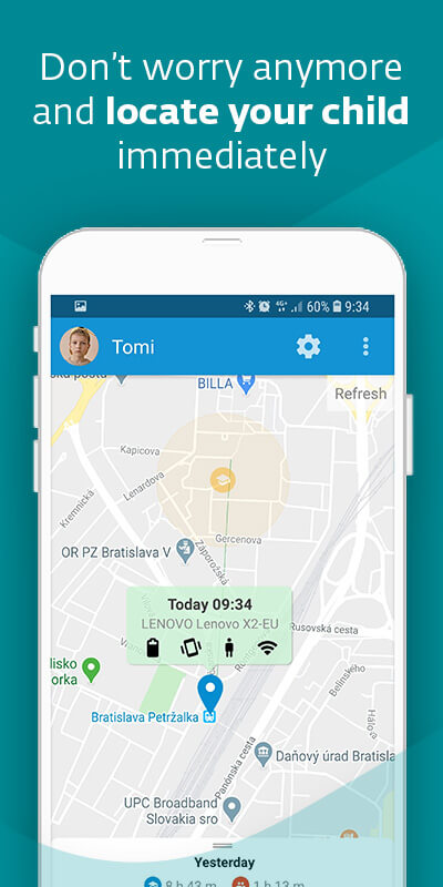 Mobile phone with map in the parental control app and exact location of the child. Don't worry anymore and locate your child immediately.