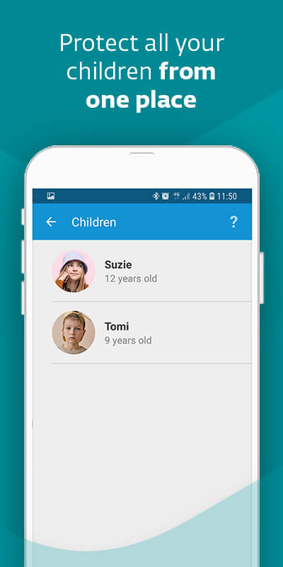 Mobile phone with a list of children's accounts registered in the parental control app. Protect all your children from one place.