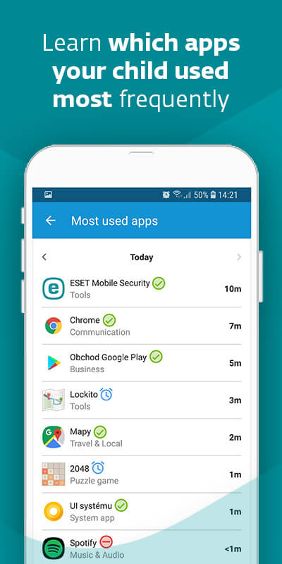 Mobile phone with a list of apps in the parental control app. Learn which apps your child used most frequently.