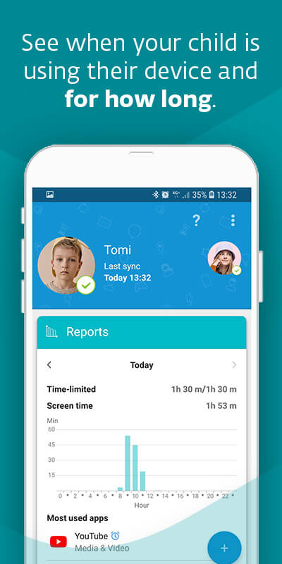 Mobile phone with a statistic report in the parental control app. See when your child is using their device and how long. 