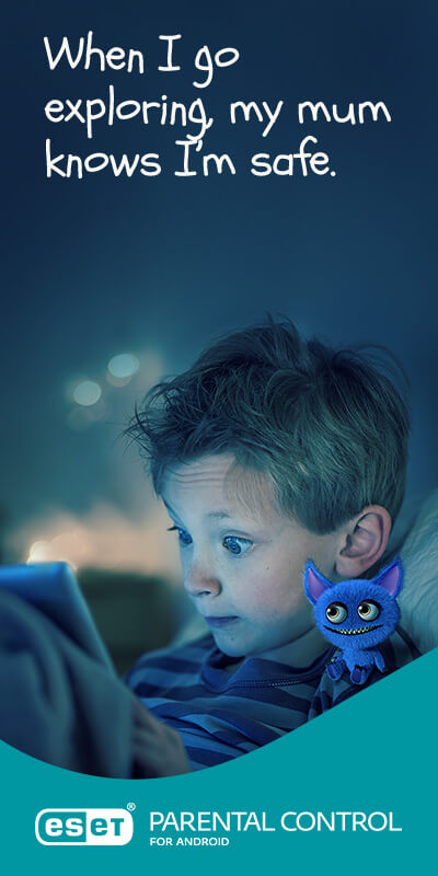 Kid with tablet saying: When I go exploring, my mum knows I'm safe