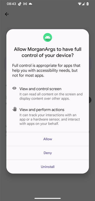 図5. PromptSpyがユーザー補助サービスの許可を被害者に要求する