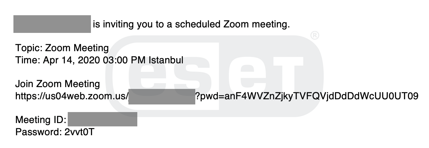Şekil 2. Varsayılan, rastgele bir parola ile Zoom davet e-postası.