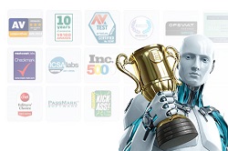 Image of ESET Android with trophy and awards logos in background
