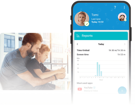 A visual representation of ESET's parental control features, showing a user-friendly interface designed to help parents manage and monitor their children's online activities. The design emphasizes safety and ease of use.