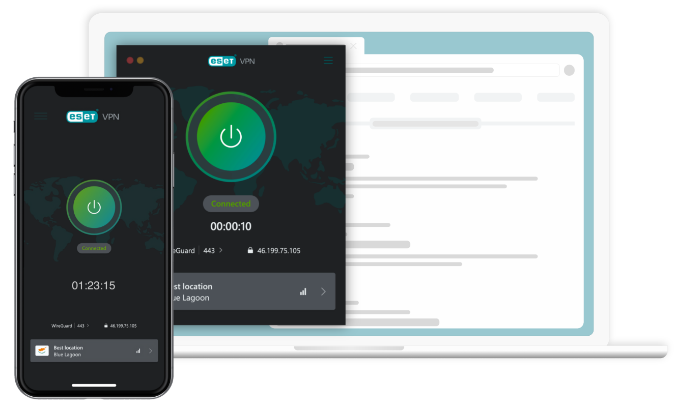 A screenshot displaying the main screen of ESET's VPN interface on both mobile and desktop devices, featuring a clean and intuitive design with options for connecting to various VPN servers to ensure secure internet browsing.