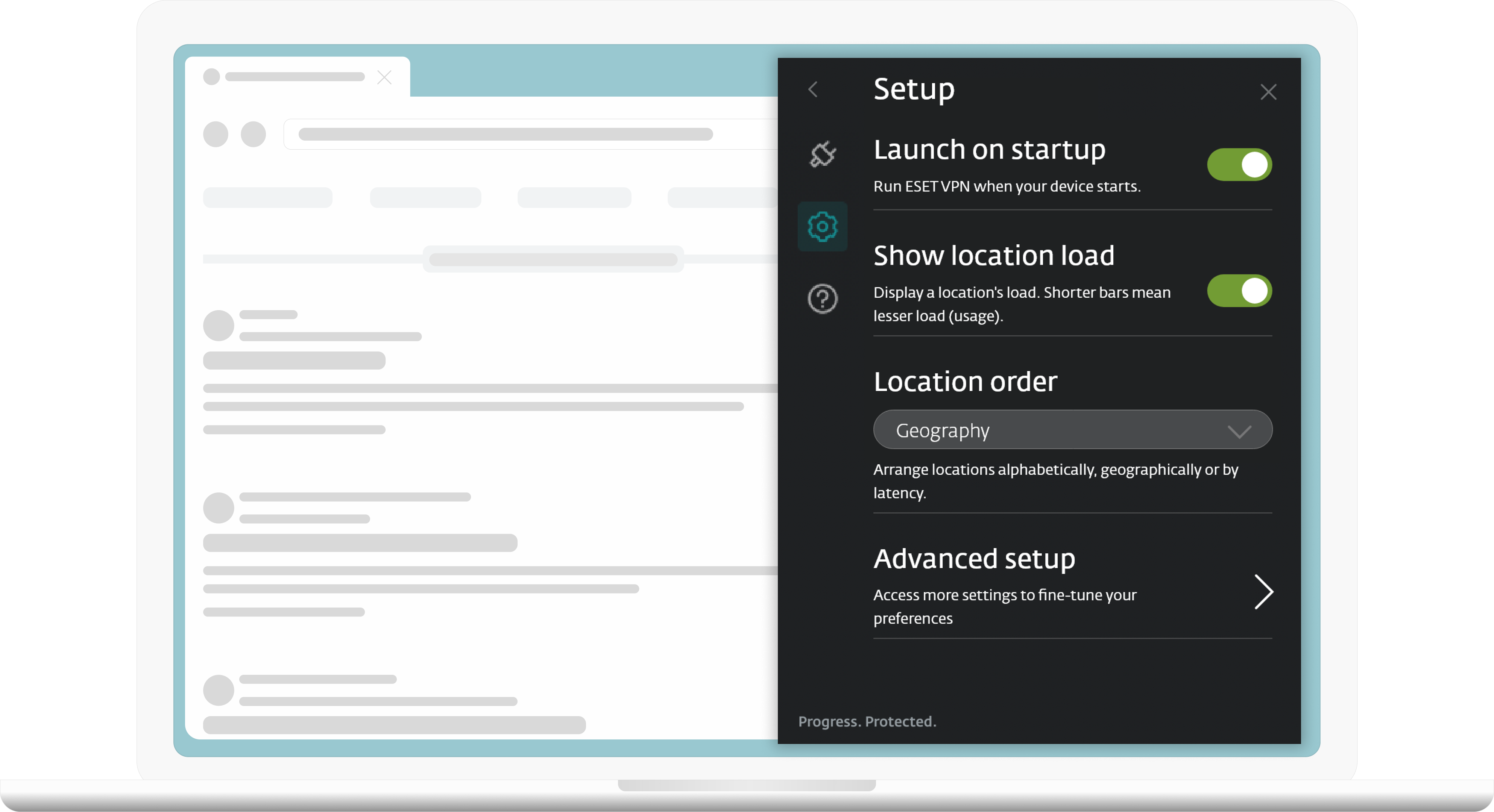 A laptop screen displaying the setup process for ESET's VPN.
