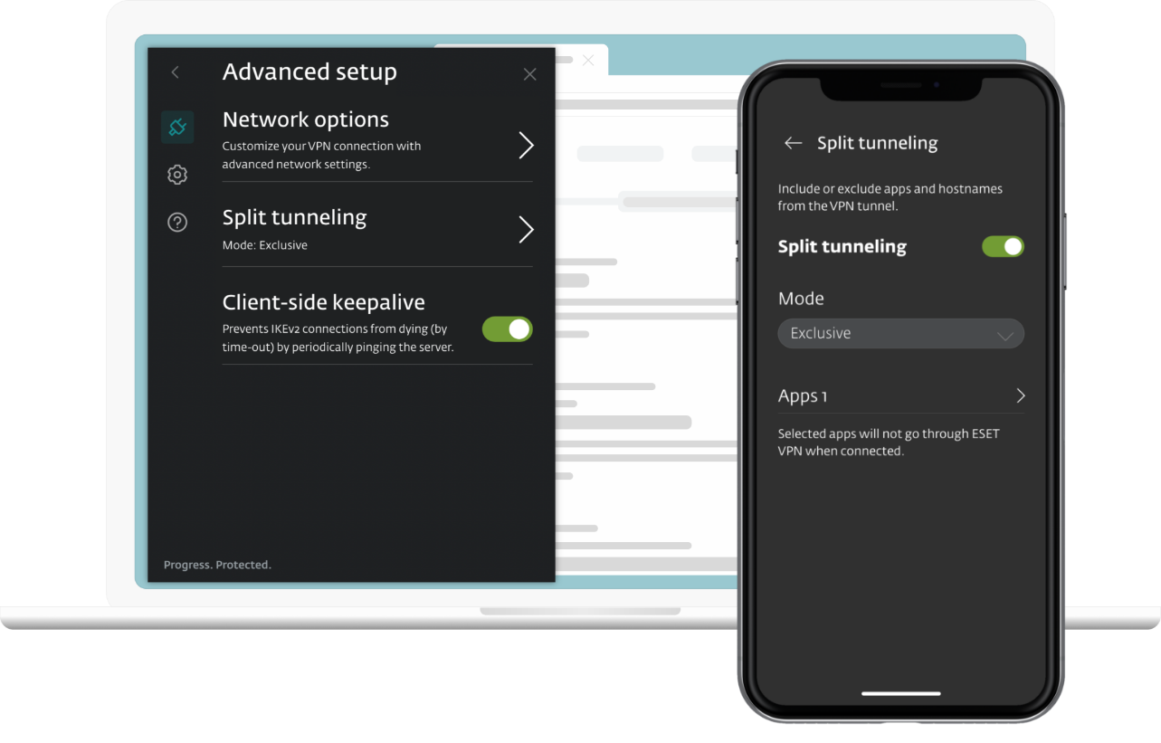 A screenshot showing the split tunneling feature of ESET's VPN on both a laptop and a mobile device.