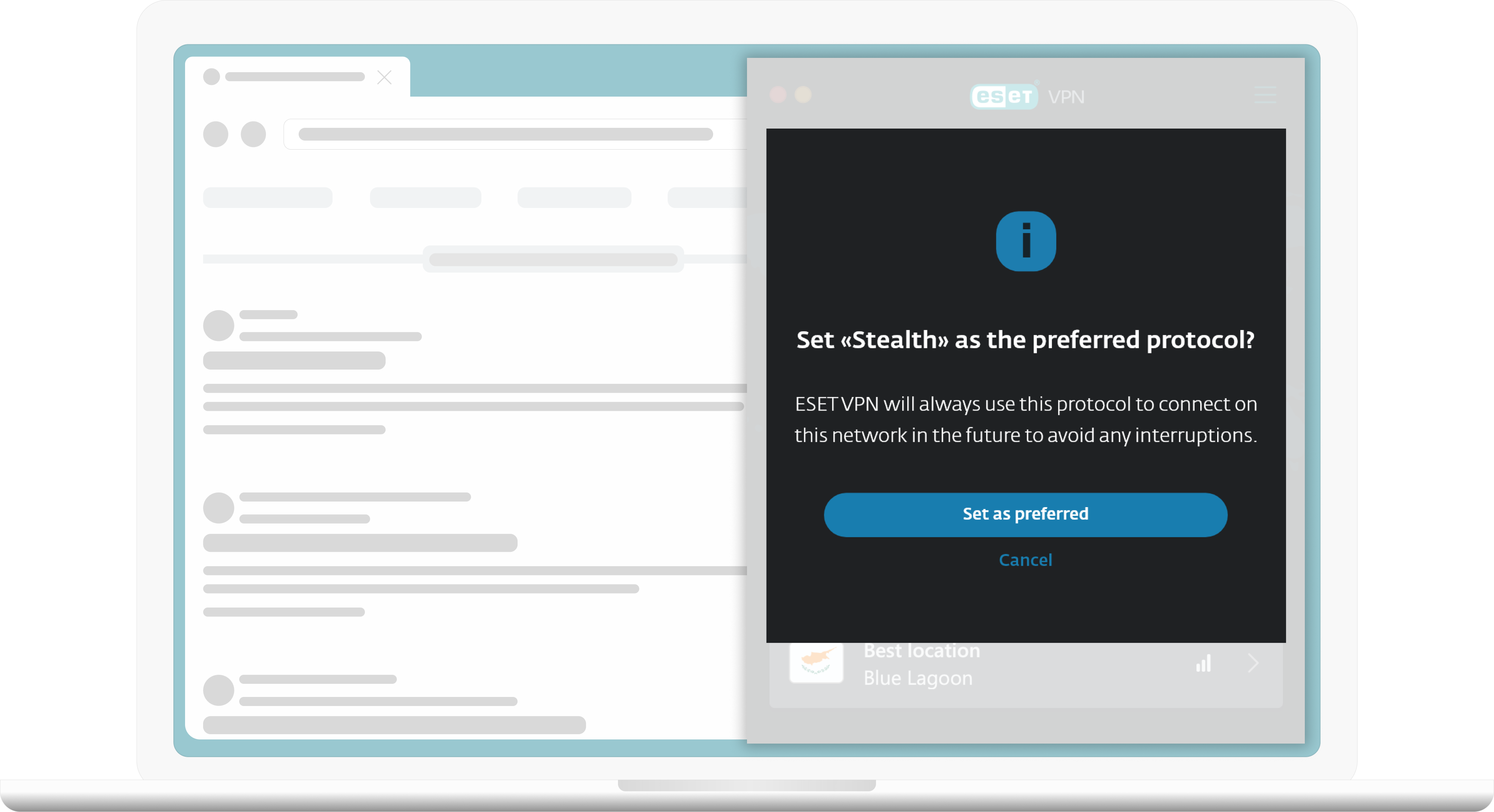 A laptop screen displaying the stealth mode feature of ESET's VPN, designed to enhance privacy and security by making the user's online activity less detectable.