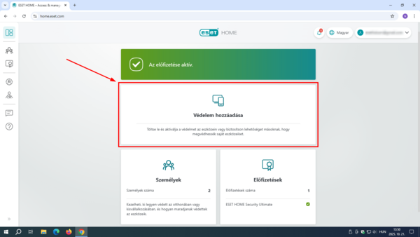 ESET HOME - Védelem hozzáadása csempe 1. Az ESET HOME kezdőképernyőjén, kattintson a Védelem hozzáadása csempére.