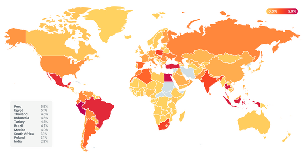 Heatmap of countries affected by AceCryptor according to ESET telemetry