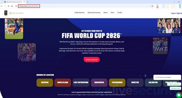 צילום מסך של אתר כרטיסים מזויף למונדיאל 2026 המתחזה ל-FIFA ומוביל משתמשים לתהליך רכישה לא מאובטח.