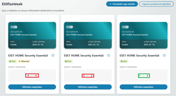 6. Amennyiben továbbra is túlhasználatra vonatkozó figyelmeztetést lát, vagy nincs szabad hely valamely előfizetésében (piros kerettel jelölt), úgy ismételje meg a fenti lépéseket addig, amíg legalább egy szabad hely lesz az előfizetésében (zöld kerettel jelölt). 