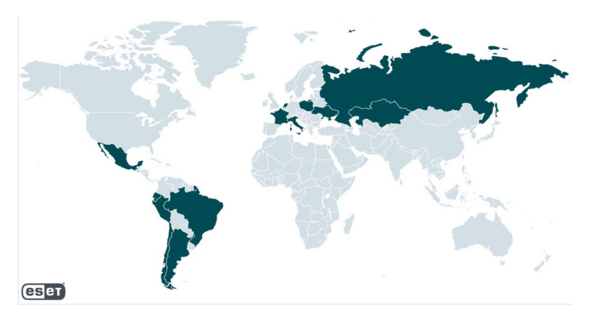 図1. このキャンペーンで被害を受けた国（ESETのテレメトリによる）