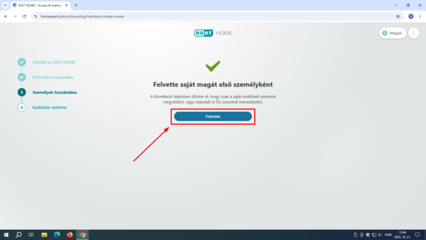 ESET HOME - Felvette saját magát első személyként 10. Szintén kattintson a Folytatás gombra.