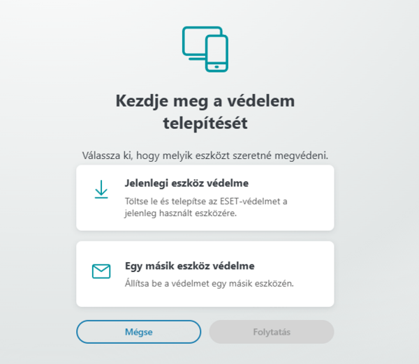 5. Válassza ki, a jelenleg használt eszközét, vagy amennyiben egy másik eszközére szeretné telepíteni, válassza az "Egy másik eszköz védelme" gombot, hogy elküldje a letöltési linket emailben, majd kattintson a "Folytatás" gombra.