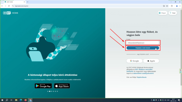 ESET HOME fiók regisztráció Adja meg e-mail címét, majd kattintson a Folytatás e-mail címmel gombra.
