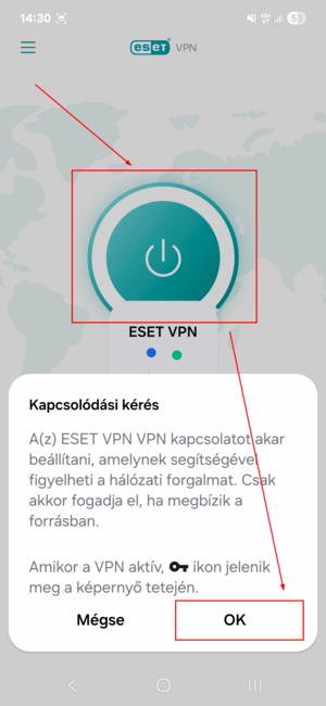 VPN bekapcsolása 14. A VPN bekapcsoláshoz kattintson a kerek ki-/bekapcsoló gombra, majd a Kapcsolódási kérésnél az OK gombra. VPN kapcsolat létrejöttekor egy kulcs ikon jelenik meg a képernyő tetején lévő állapotsávban.