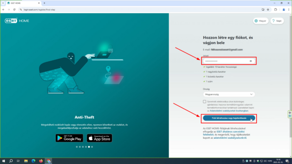 ESET HOME új jelszó Adjon meg egy új jelszót a jelszó mezőben, ami megfelel az alatta írt követelményeknek, majd kattintson a Fiók létrehozása vagy bejelentkezés gombra.