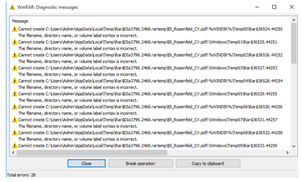 図2. Eli_Rosenfeld_CV2 - Copy (10).rarを解凍するときに表示されるWinRARのエラー