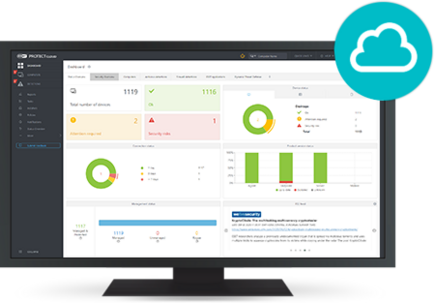 Screenshot of the ESET PROTECT Console dashboard, displaying various security metrics, system statuses, and management options.