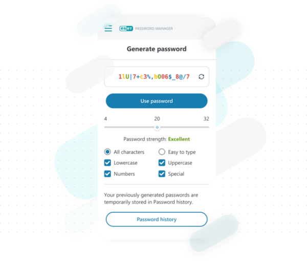 Graphic representing ESET Password Manager, highlighting features such as secure password storage, autofill capabilities, and enhanced online security.