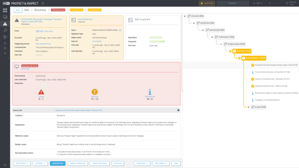ESET Inspect detecting an attempt to manipulate a server software component.