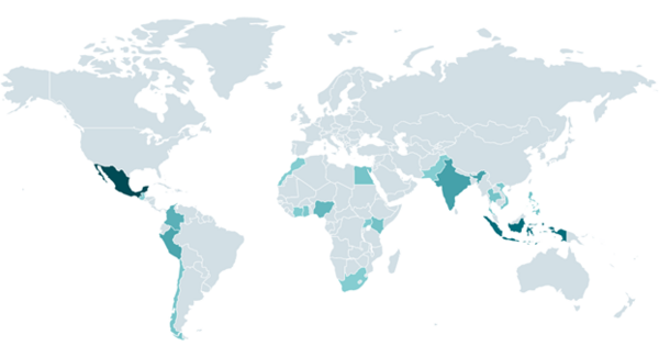 World map of SpyLoan detections, dark green colour on Mexico, India, Indonesia, Malaysia, Peru, Colombia