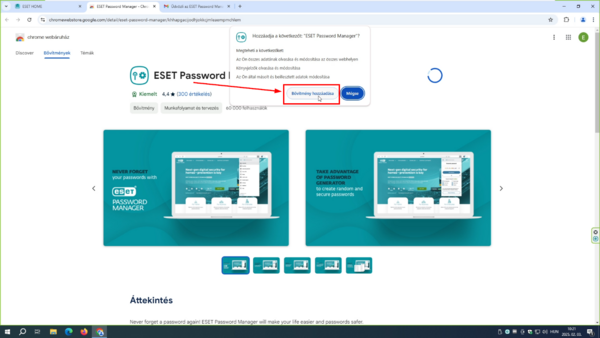 ESET Password Manager - Bővítmény hozzáadása Majd kattintson a Bővítmény hozzáadása gombra.