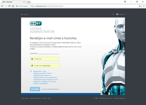 ESET ELA email Adja meg e-mail címét, erősítse azt meg, majd fogadja el a feltételeket, ezután kattintson a „FOLYTATÁS” gombra.