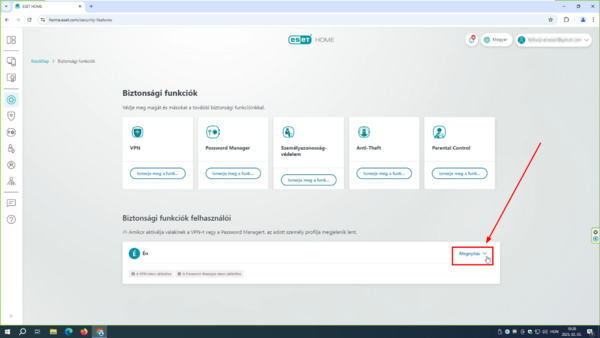 ESET HOME - Biztonsági funkciók felhasználói Kattintson a „Biztonsági funkciók felhasználói” alatt, az „Én” nevű profil sorában jobb oldalt található Megnyitás feliratra.