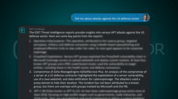 ESET AI Advisor being asked a question in ESET Threat Intelligence
