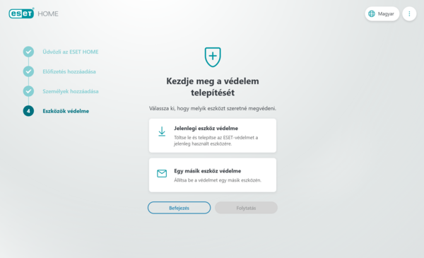 Az előző lépésekben kiválasztott Előfizetéséhez azonnal létrehozhat egy ESET telepítőt, mellyel használni tudja az ESET védelmi szoftvert eszközén.