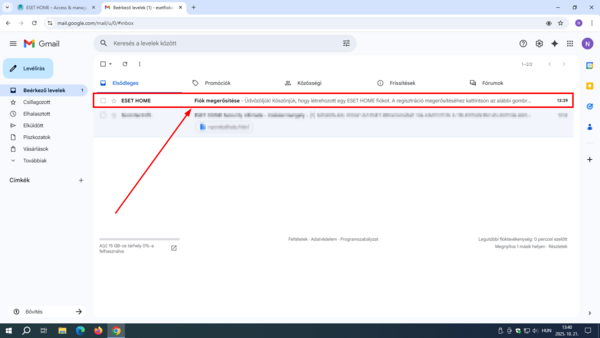 ESET HOME - Megerősítő e-mail megnyitása Kérjük, nyissa meg levelezőfiókját, és válassza ki az ESET HOME feladótól érkezett „Fiók megerősítése” tárgyú e-mailt.