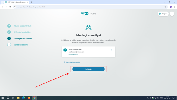 ESET HOME - Jelenlegi személyek 12. Jelenlegi személyek részen kattintson a Folytatásra. (Bármikor van lehetősége további személyeket létrehozni.)