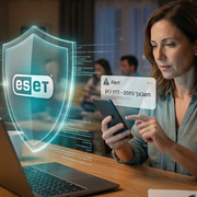 אישה עם סמארטפון ומחשב בסלון, כש- ESETחוסם התראת פישינג ומתקפות זדוניות