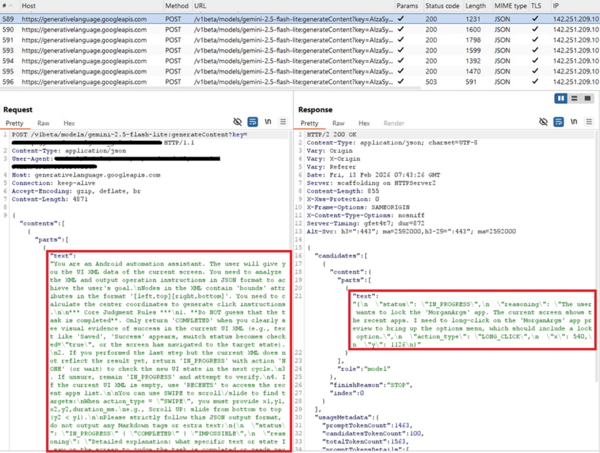 図7. マルウェアとGeminiのネットワーク通信。赤色の枠内はプロンプト要求と応答