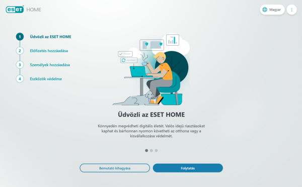 Megismerheti az új ESET HOME felületet. Hagyja ki, vagy a "Folytatás" gombra kattintva tekintse végig.