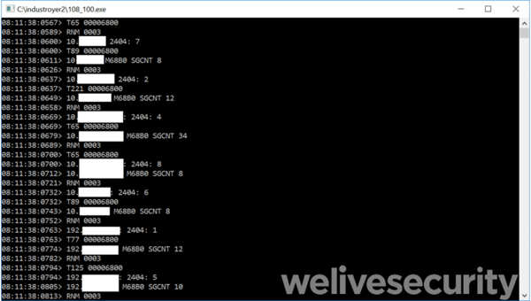 図5. Industroyer2マルウェアによって生成される出力（IPアドレスはESETが編集）